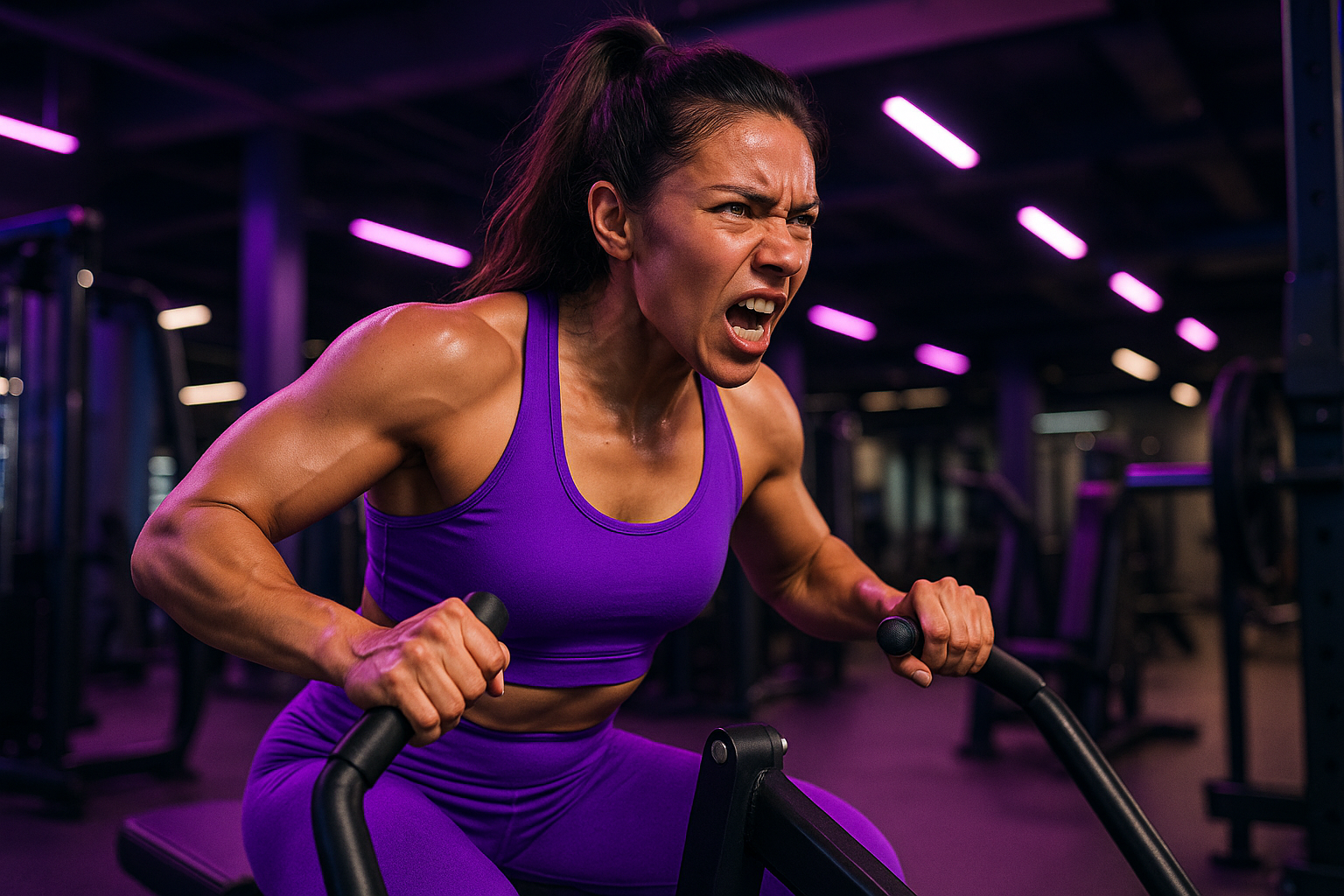 genere moi une phot d'une femme a la salle de sport en plein effort dans une tenue de fitness de cette couleur "#904BFE"
